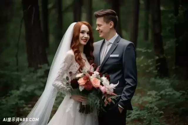 幸福的夫妇在婚礼礼服与花束在森林背景
