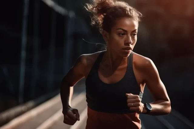 在赛道上奔跑的女运动员的超现实主义照片