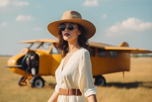 在一个阳光明媚的日子里，在一个开放的领域，白色的衣服和帽子与野生动物园风格的白色复古飞机前的女人