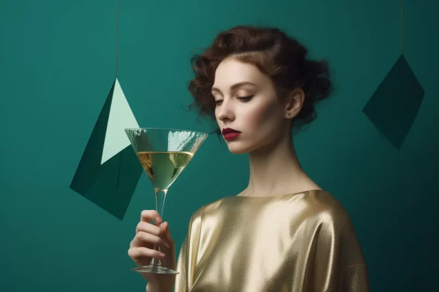 年轻女子与香槟长笛在绿色背景