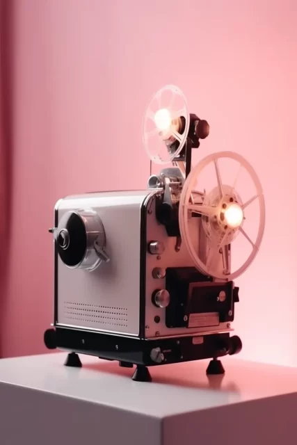 白色桌子和浅粉红色墙壁上的老电影复古投影仪