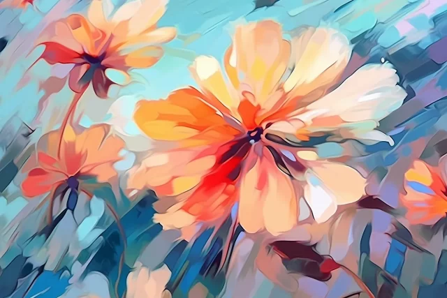 五颜六色的花卉绘画在粗糙的丙烯酸笔画的风格