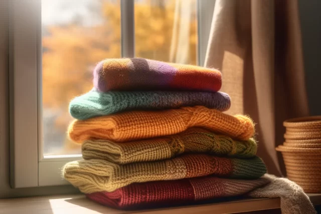一堆色彩缤纷的毛衣在阳光中: 8k分辨率的乡村Cottagecore静物