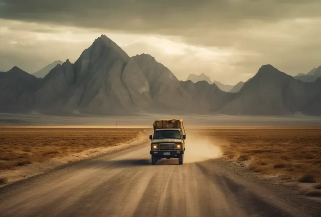 卡车在阴云密布的沙漠与山的背景