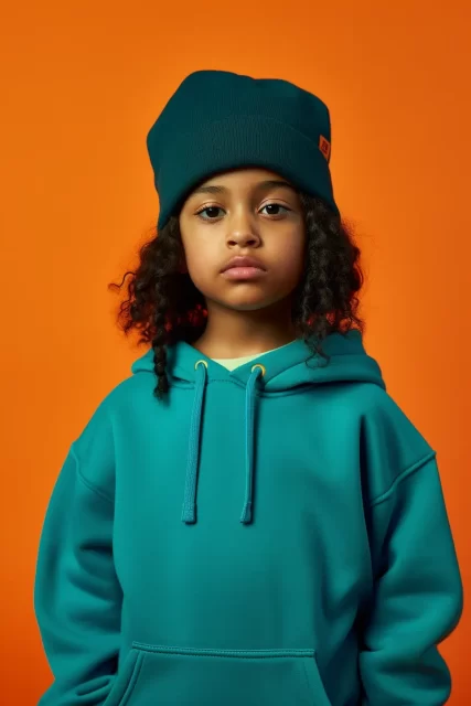 嘻哈风格的大胆色彩: 一个穿着蓝色超大运动衫和绿色无豆布衣的小女孩