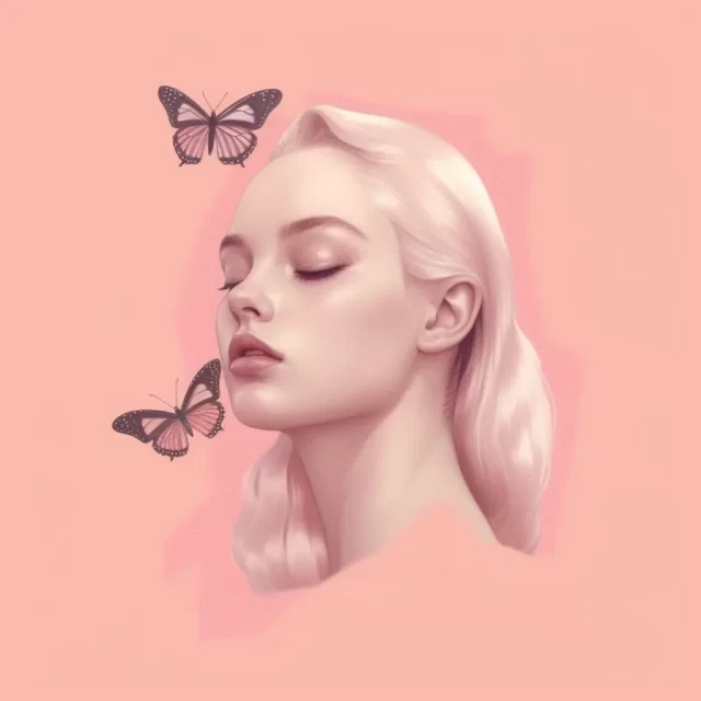 一个女孩的小画与粉红色背景上的蝴蝶