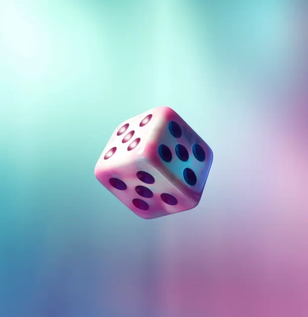 绿色骰子悬挂在数字艺术风格的蓝色和粉红色背景