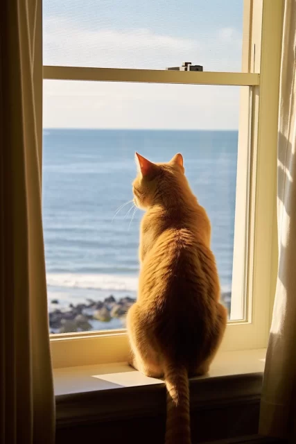 一只猫以浪漫的海景风格凝视着大海