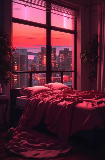 窗户旁边的床，上面有粉红色和红色
