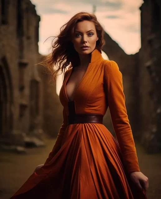 中世纪灵感的电影剧照，以一位身穿深橙色连衣裙的漂亮女人为特色