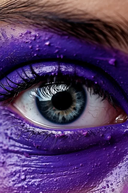 极端的特写女孩的脸与紫色的油漆