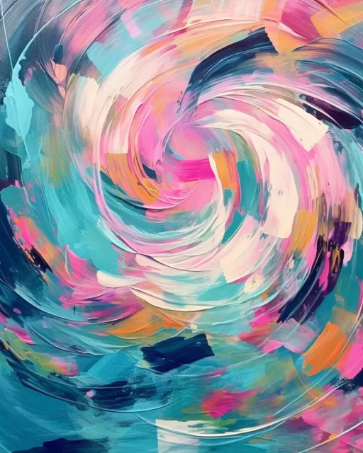 抽象的漩涡与明亮的笔触在深青色和粉红色