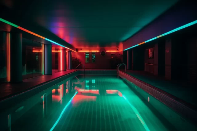 室内游泳池与复古风格的霓虹灯