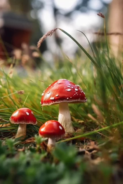 草地上有白色的红色蘑菇-特写镜头