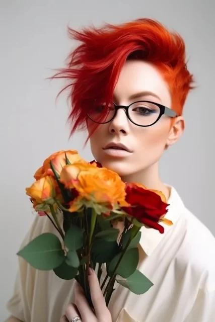 红发女人，雌雄同体的脸和花束