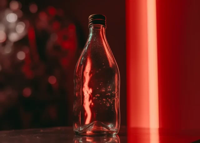 红色背景上的玻璃瓶-Glitch美学库存照片