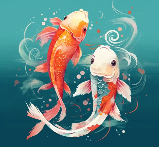 装饰鱼的彩色插图: 锦鲤和孔雀鱼