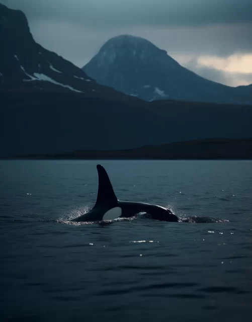 逆戟鲸沿着湖岸游泳，背景是山脉