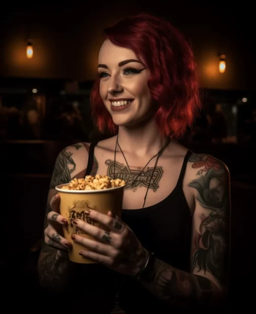 带纹身的红发人微笑着在电影院里拿着爆米花