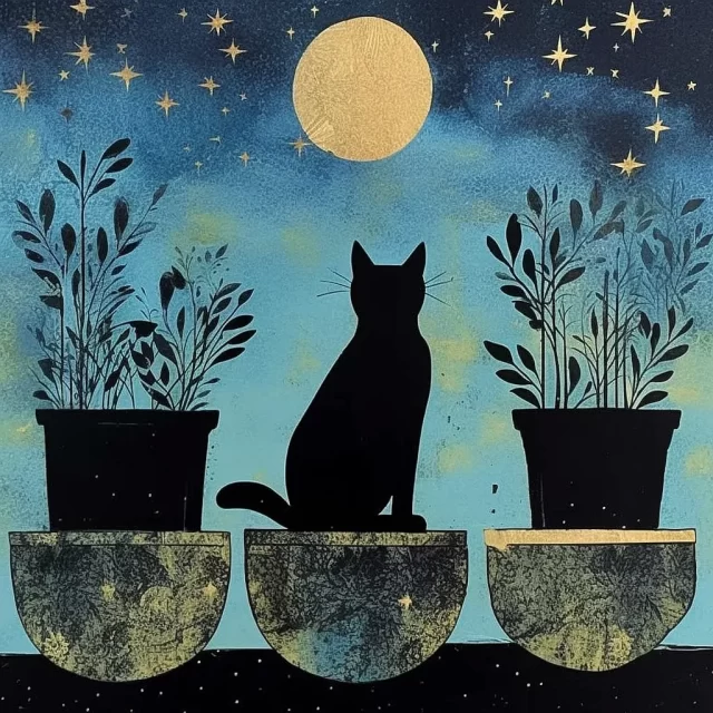 满月下带有猫剪影的花盆-巫术拼贴风格的混合媒体艺术