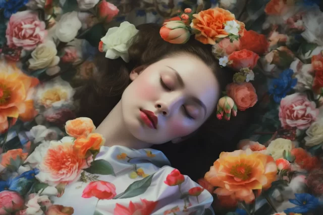 一个被鲜花覆盖的年轻女子的超现实主义梦幻般的肖像