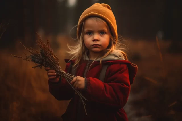 一个孩子背着一小束夸张的面部表情和自然启发的图像