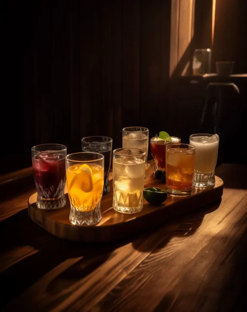 一组饮料在一个木制的桌子上