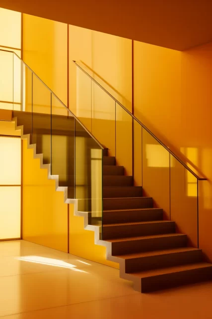金色和琥珀色风格的楼梯: 融合了日本极简主义，釉面，Dansaekhwa和柔焦