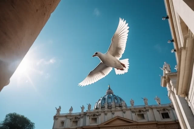 海鸥飞过梵蒂冈圣彼得广场的柱子