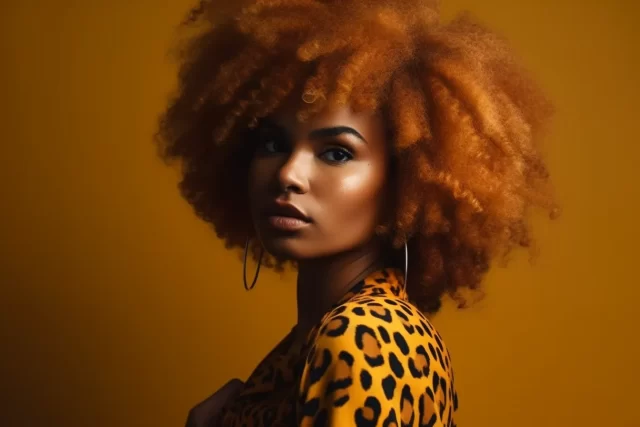 黑色女人与橙色非洲裔头发在复古豹纹皮肤服装