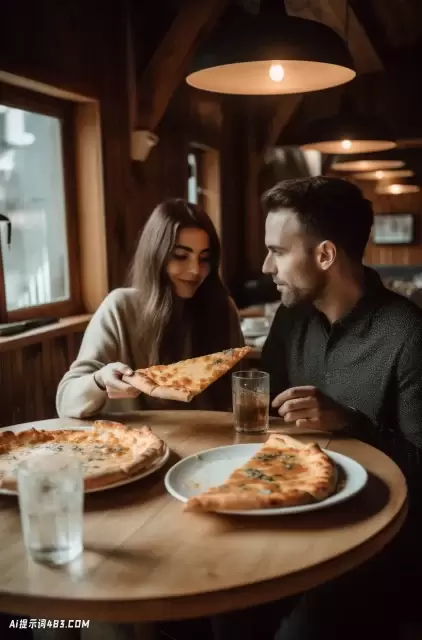 两人在一家复古风格的餐厅分享比萨饼