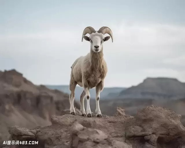 站在岩石上的年轻公羊的极简主义肖像