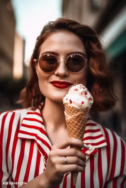 快乐的年轻女子在阳光明媚的日子享受冰淇淋