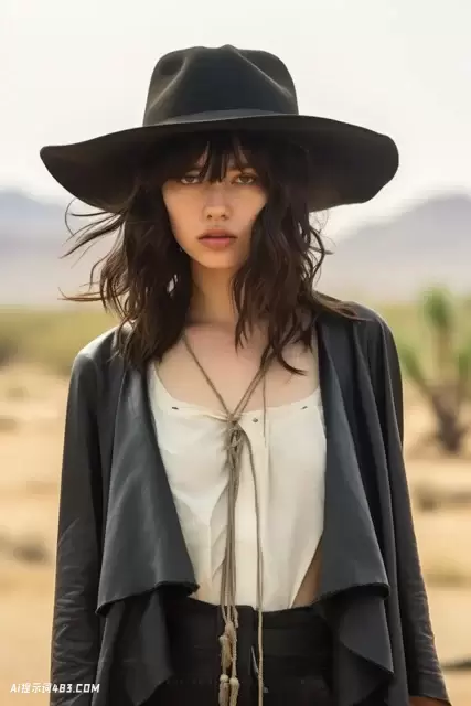 在沙漠草帽和皮夹克的年轻女孩