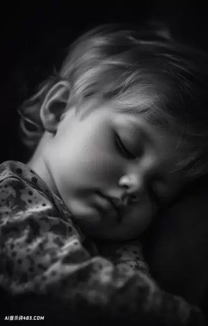 一个睡着的孩子的黑白肖像