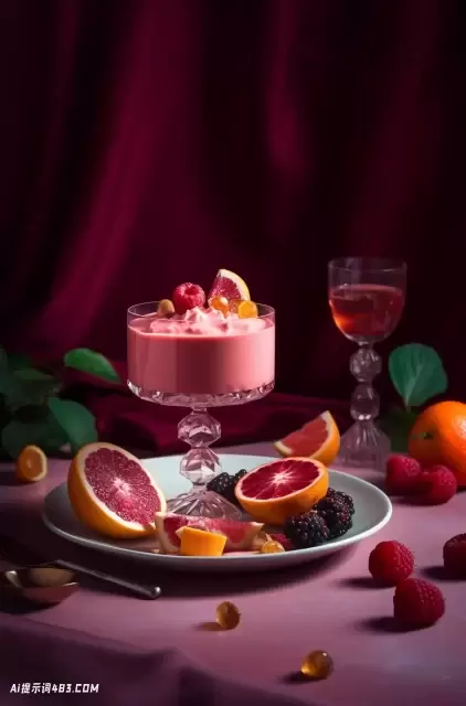 醒目的水果甜点和饮料在粉红色的桌子上