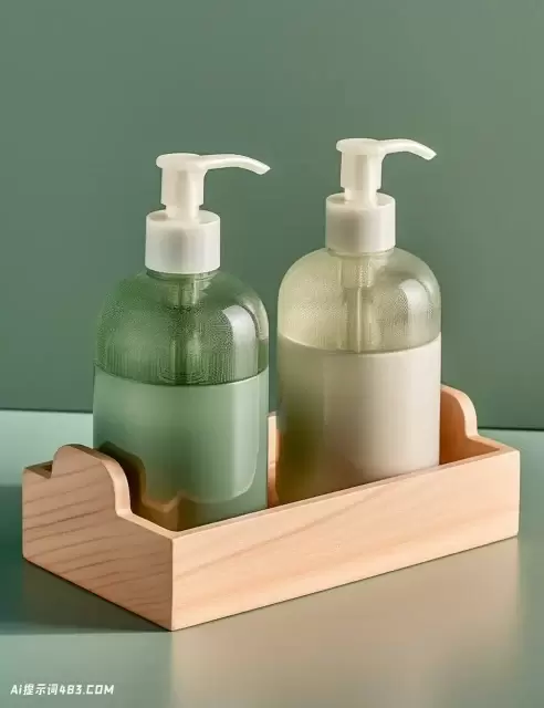 精确主义者的线条: 木托盘上的两个肥皂瓶