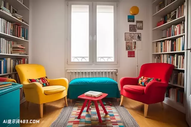 带黄色椅子和红色配件的小客厅