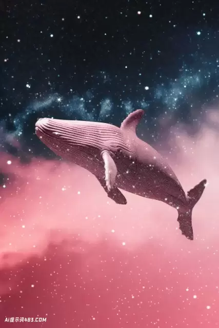 一条粉红色的鲸鱼飞过星星: Martin Creed和Ingrid Baars风格的数字拼贴画
