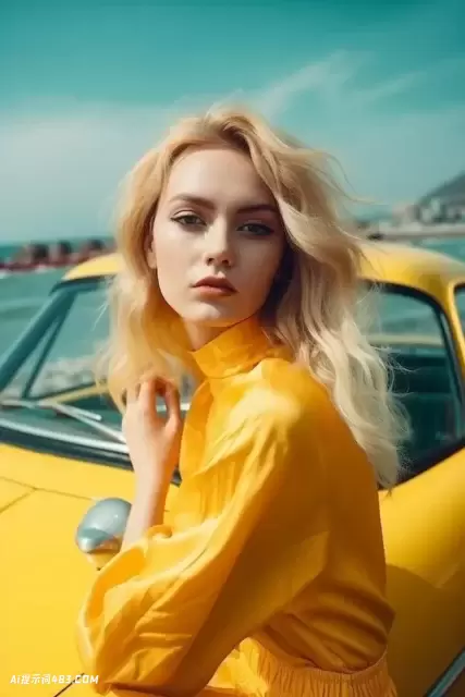 金发女人在黄色塑料衣服与绿色复古汽车和大海的背景