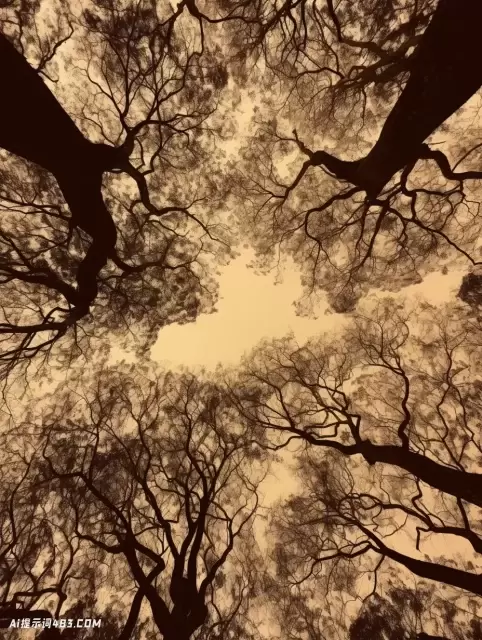 在多云的天空下，一幅古老的棕褐色树木照片