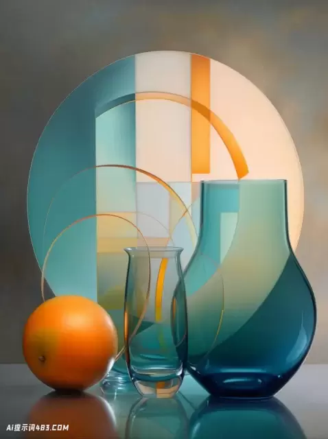 抽象绘画与橙色圆圈和俏皮的静物元素