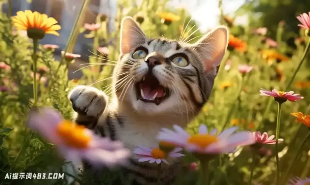 俏皮的小猫在阳光普照的花园里顽皮的滑稽动作