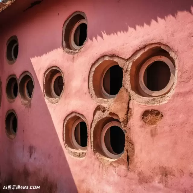 探索带有小窗户的旧粉红色墙壁的艺术之美