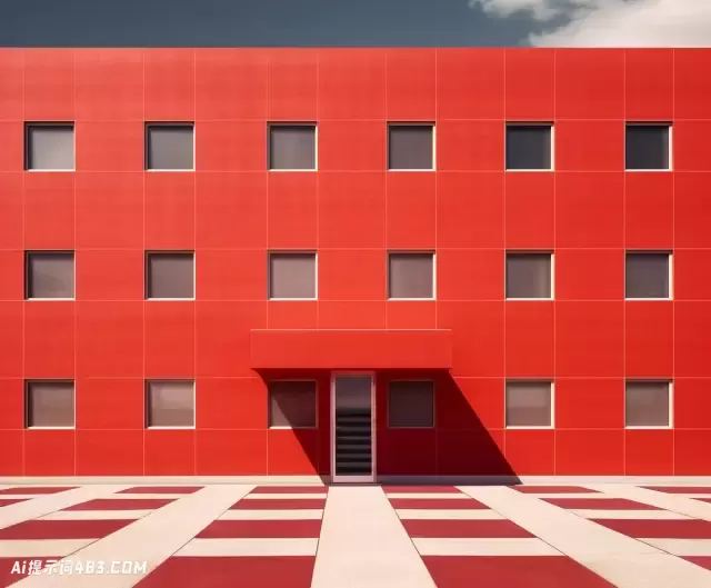 大型红色建筑，带有简约的网格和错视窗
