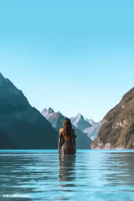 一个女人欣赏棕色和琥珀色风格的蓝色湖泊