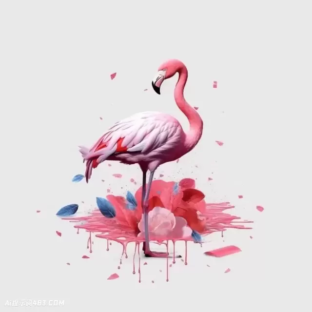 粉红色的火烈鸟印花，超现实的拼贴风格和简约的静物