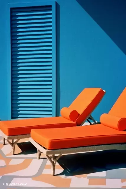蓝色和橙色盒子前的躺椅: Ilford HP5风格的装饰背景