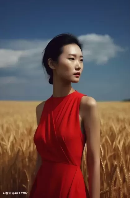 穿着红色连衣裙的年轻女子站在蓝色麦田里