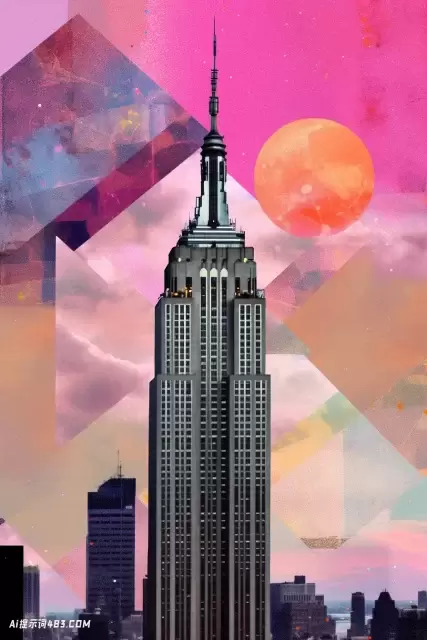 帝国大厦上空的紫色天空: Tracey Adams的Retrowave混合媒体拼贴画